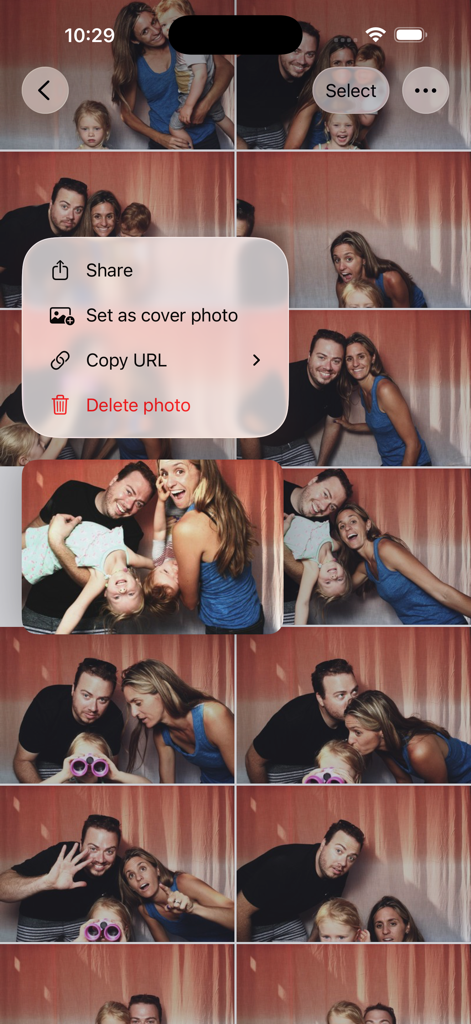 A mobile interface of the Flassh app showing an event photo gallery with a popup menu containing options to share, set as cover photo, copy URL, and delete.