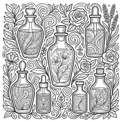 Indulge in this beautiful adult coloring page featuring elegantly detailed facial oil bottles nestled among intricate botanical designs. Perfect for a calming and creative escape.