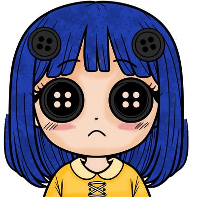 girl with button eyes and not smiling