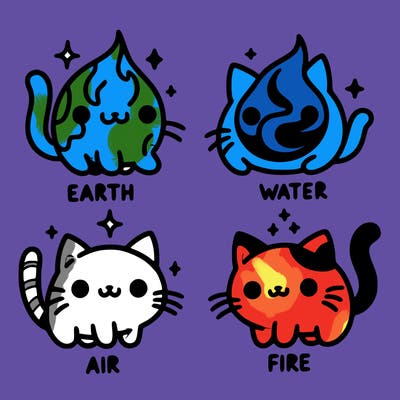 4 cats that represent the different elements, earth, water, air, and fire