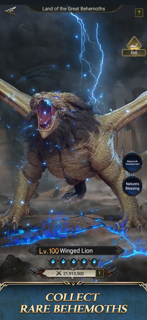A level 100 winged lion behemoth with lightning effects in the dark fantasy game Rise of the Kings
