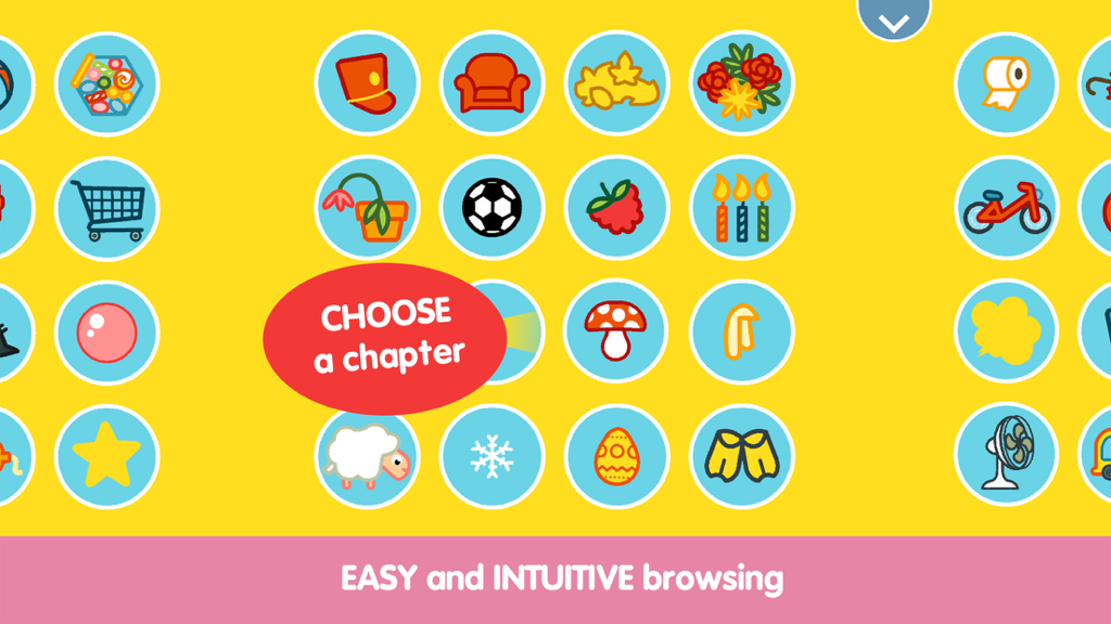 단순한 아이콘으로 표시된 다양한 이야기 챕터를 보여주는 Pango Comics 앱 메뉴