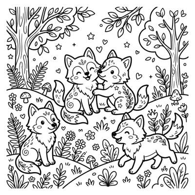 Unleash your creativity with this super cute Kawaii Gray Wolves coloring page designed especially for kids. Discover a playful forest scene filled with four charming wolf pups ready for a splash of color.
