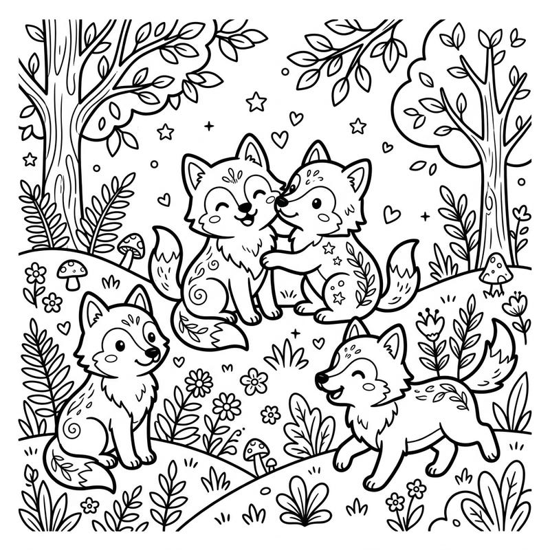 Unleash your creativity with this super cute Kawaii Gray Wolves coloring page designed especially for kids. Discover a playful forest scene filled with four charming wolf pups ready for a splash of color.