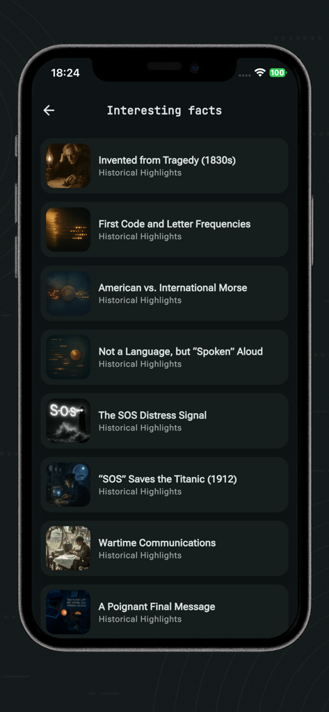 Morse Code Communicator - The interesting facts section of the Morse Code Communicator app showing historical Morse code highlights.