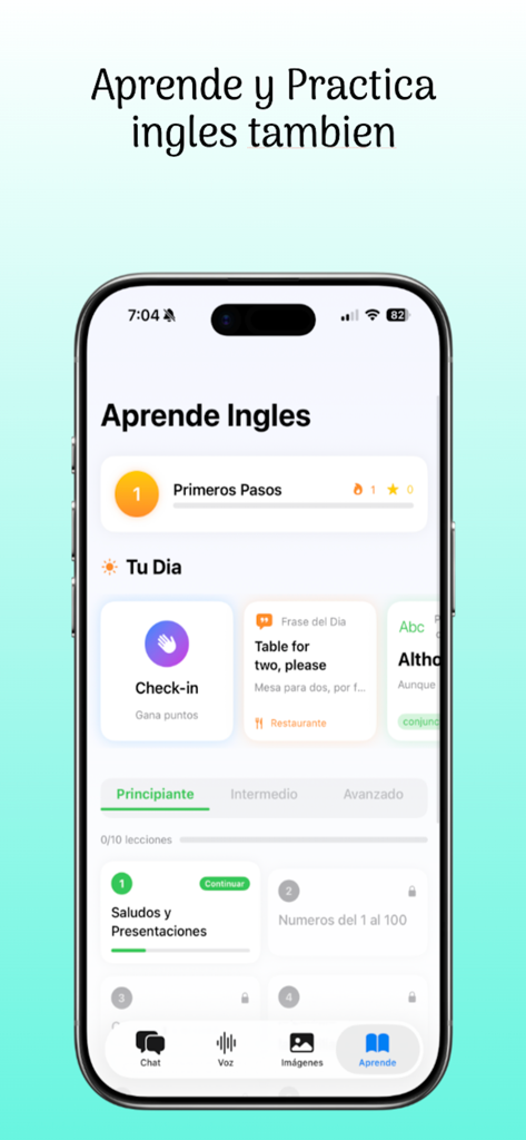 Inteligencia Artificial IA - スペイン語話者向けの英語のレッスンと練習セクションを表示する人工知能AIアプリのインターフェース