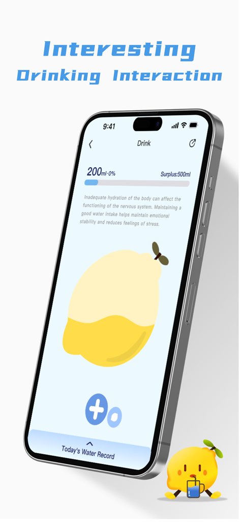 Interface of the LemonHRV app hydration tracker featuring a cute lemon character and water intake progress bar