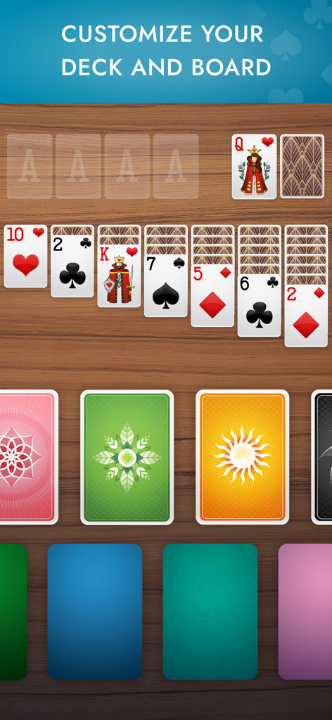 Solitaire game interface showing customizable card backs and background colors