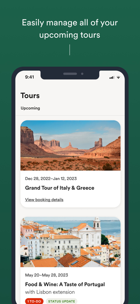 EF Go Ahead Tours - A screen displaying upcoming travel itineraries for Italy Greece and Portugal in the EF Go Ahead Tours app