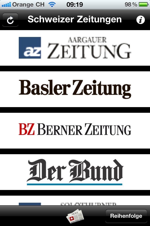 Oberfläche der Schweizer Zeitungen plus App, die eine Liste der wichtigsten Schweizer Zeitungen wie Aargauer Zeitung und Basler Zeitung anzeigt