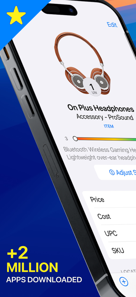 Inventory for Business - Inventory for Business app displaying stock details and price for a headphone product on a smartphone