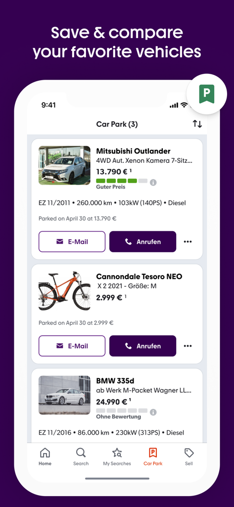 Capture d'écran d'une application mobile affichant une liste de véhicules favoris enregistrés, notamment des voitures et un vélo électrique, dans la section Parking de mobile.de.