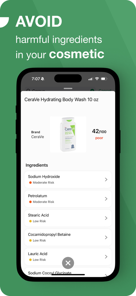 OneLabel: Product Scanner - OneLabel app interface showing ingredient safety rating and risk assessment for a cosmetic body wash.