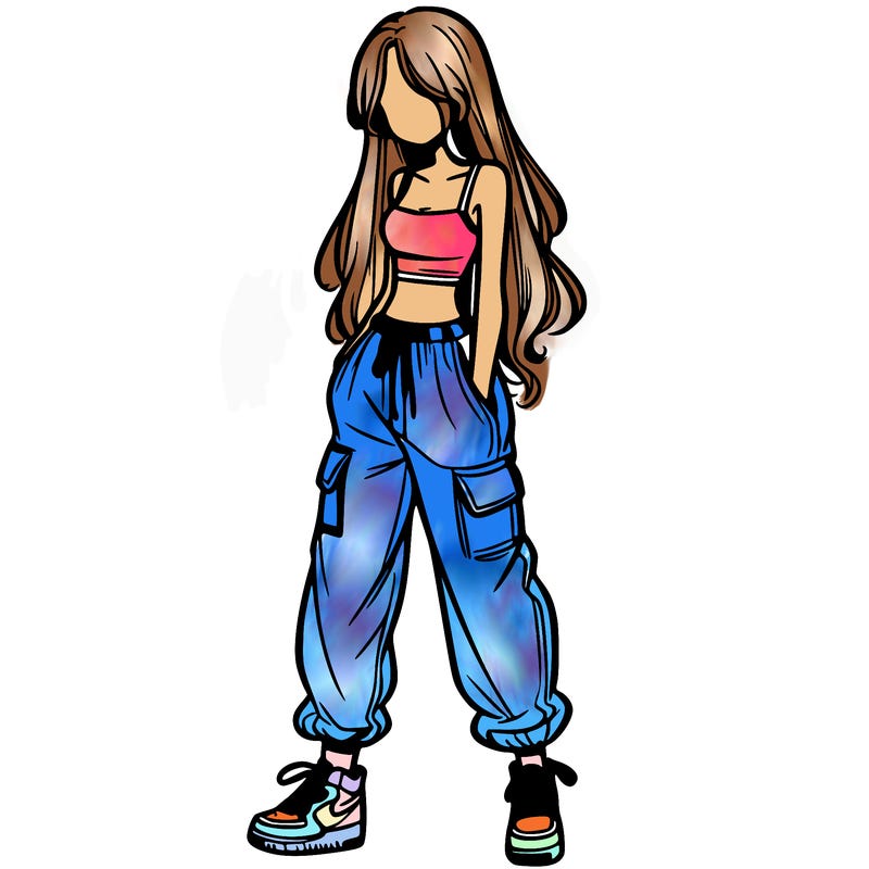 girl in baggy pants crop top and long hair