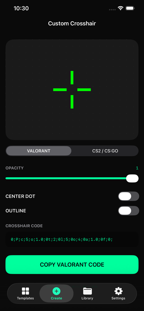 Custom Crosshair Aim - A mobile screen showing the custom crosshair editor for Valorant with a green crosshair preview and customization sliders