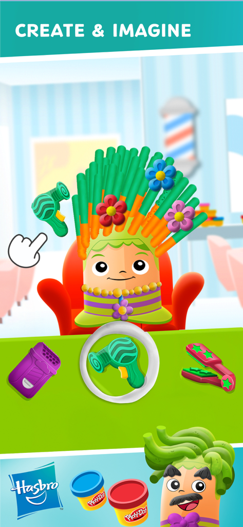 Interactive Play-Doh hair salon game for kids where a character gets a colorful dough hairstyle.