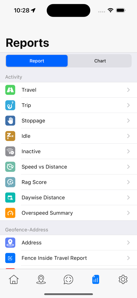 Pantalla de informes de la aplicación GPS Flota listando informes de actividad para viajes y paradas