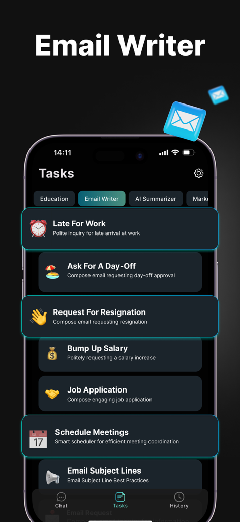 IA Chatbot Assistant - GemAI - Oberfläche der GemAI App mit KI-E-Mail-Vorlagen für professionelle Aufgaben wie Bewerbungen und Gehaltsanfragen
