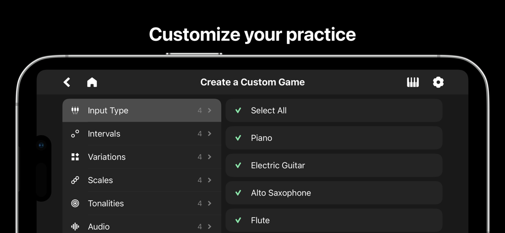 Customize music ear training practice settings in the Chet app.