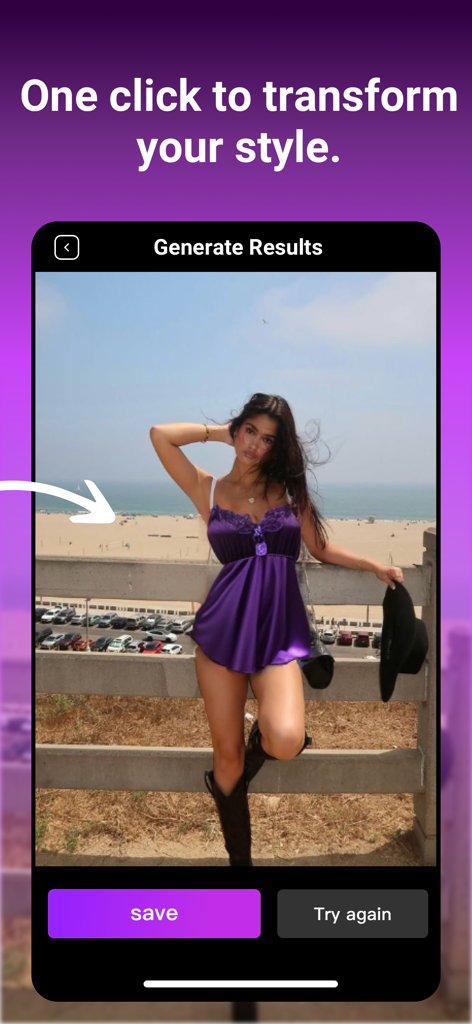PhotoDeep: AI Photo&Video Edit - Interfaz de la aplicación PhotoDeep mostrando una pantalla de resultados de transformación de estilo con una mujer en un vestido morado en la playa