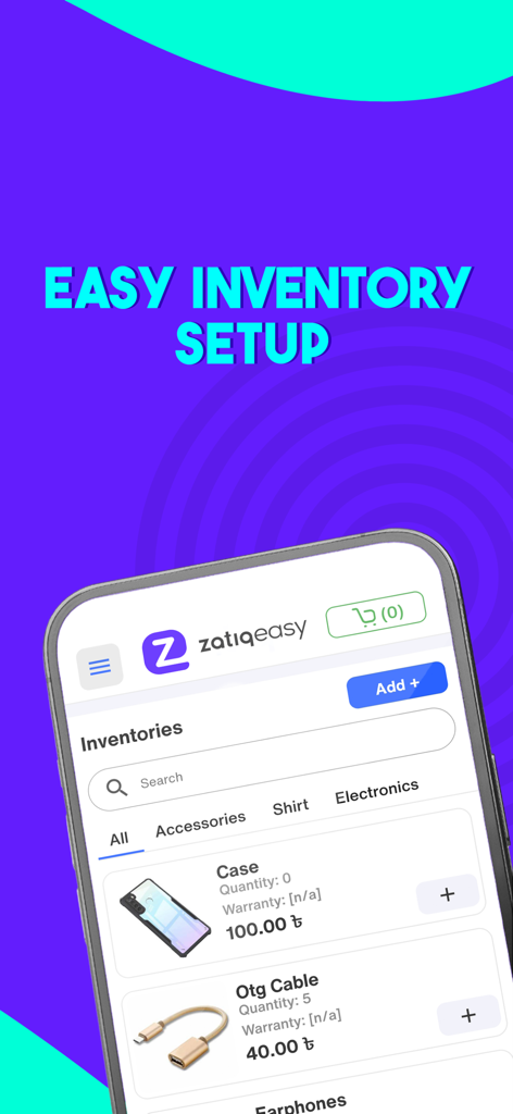 Zatiq Easy - eCommerce Builder - Zatiq Easy mobile app interface showing inventory management with product categories and stock levels