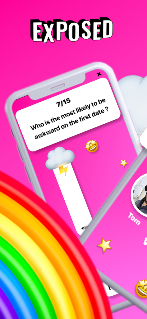 Exposed party game screen showing a question about who is most likely to be awkward on a first date.