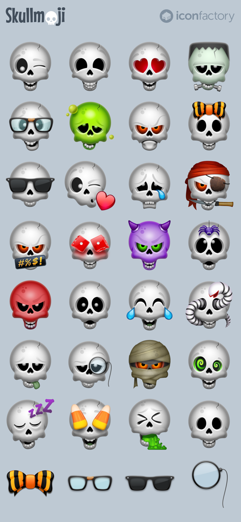 Una collezione di varie emoji a forma di teschio espressive e adesivi a tema spettrale