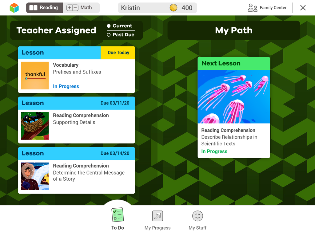 The To Do screen of i-Ready Connect for Students showing teacher-assigned reading lessons and the personalized My Path learning journey.
