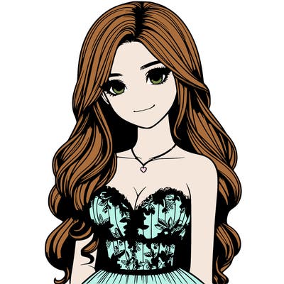 realistic girl with long hair and pretty prom dress