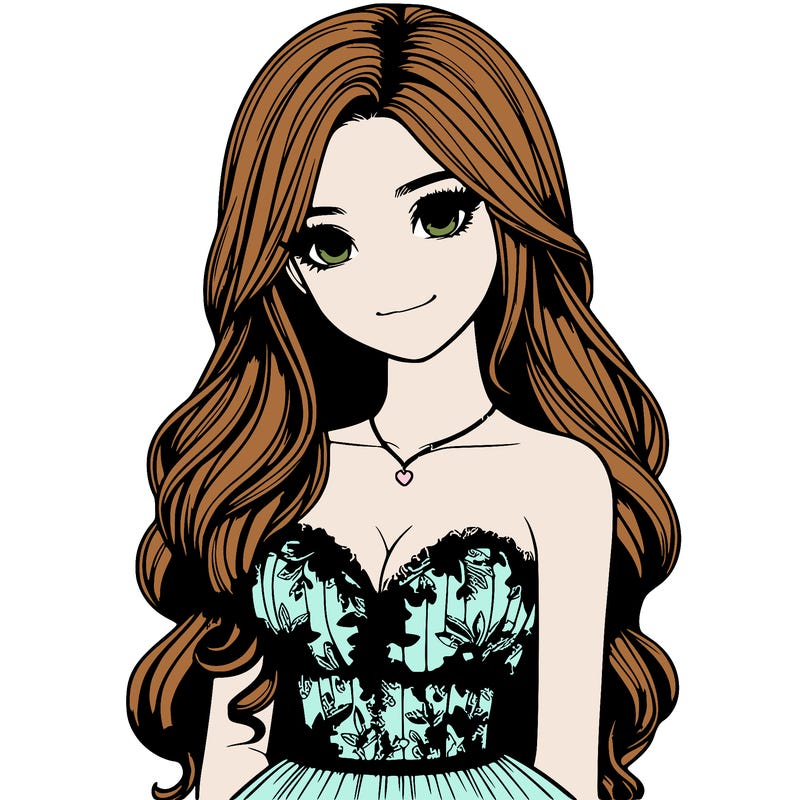 realistic girl with long hair and pretty prom dress
