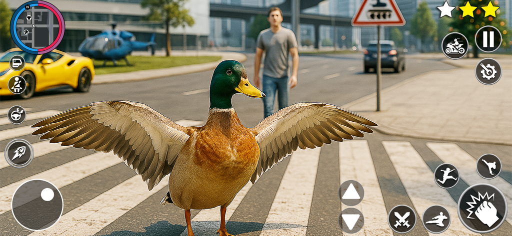 Duck Life In The City - A mallard duck with wings spread on a city crosswalk in a simulation game.