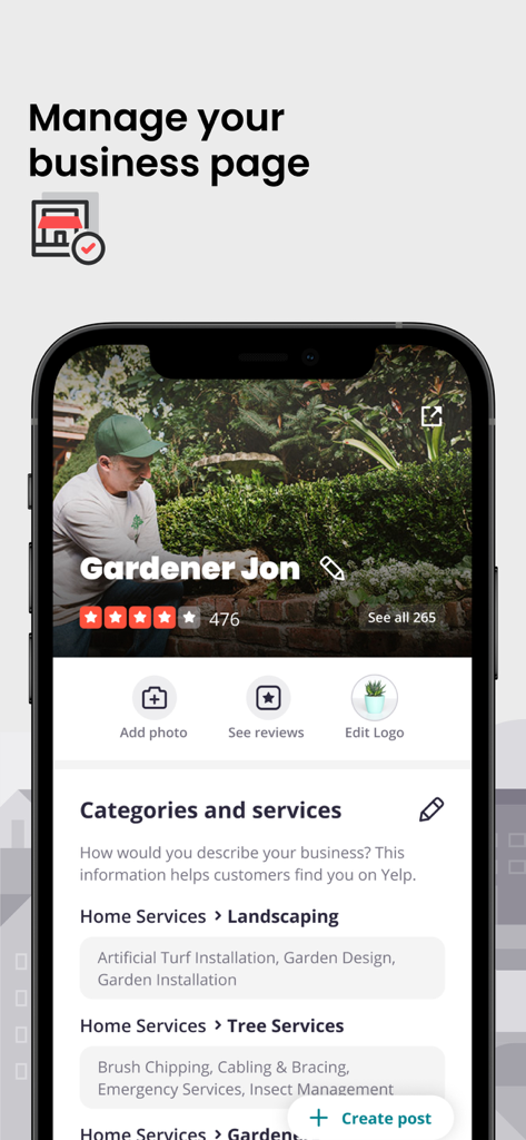 Interface of the Yelp for Business app showing options to manage a business profile including categories and services.