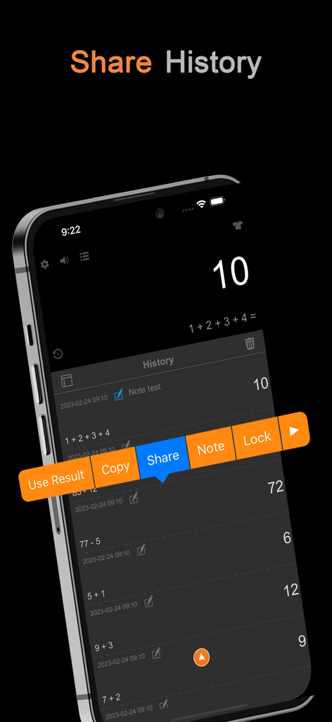 DayCalc - Note Calculator - A smartphone showing the DayCalc app history screen with a pop-up menu for sharing, copying, and adding notes to previous calculations.