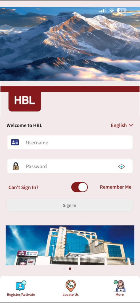 HI-MB Plus - HBL HI-MB Plus mobile banking app login screen showing username and password fields
