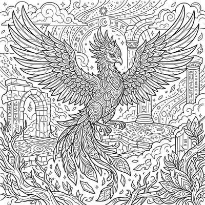 Dive into a mythical world with this intricate coloring page featuring a magnificent ancient phoenix. This full scene design invites you to adorn a creature of wisdom and rebirth amidst ancient ruins and celestial elements.