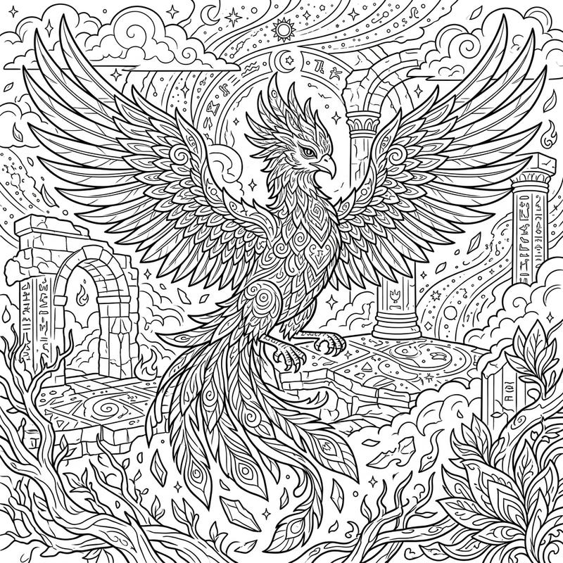 Dive into a mythical world with this intricate coloring page featuring a magnificent ancient phoenix. This full scene design invites you to adorn a creature of wisdom and rebirth amidst ancient ruins and celestial elements.