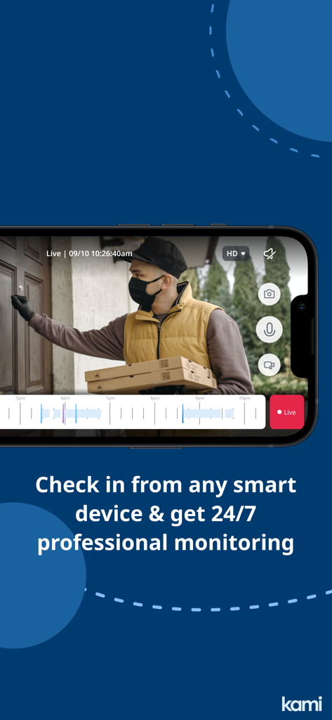 Smartphone screen showing the Kami Home app live video feed of a delivery person at the front door.