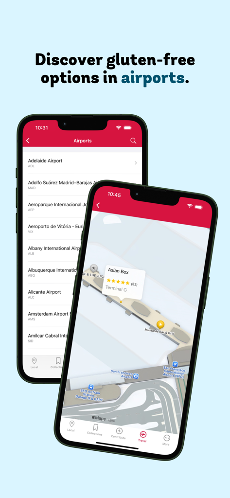 Find Me Gluten Free - Smartphone-Bildschirme, die eine Liste internationaler Flughäfen und eine Terminalkarte mit Bewertungen von glutenfreien Restaurants zeigen.
