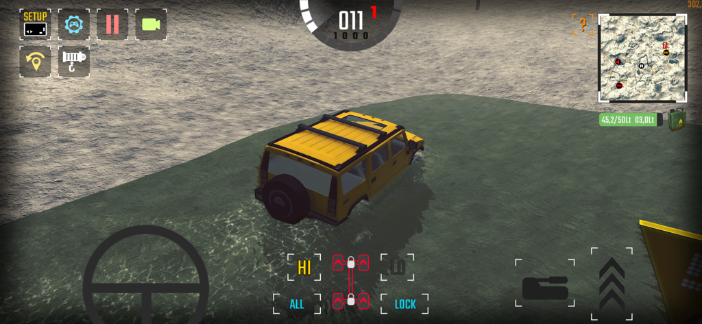 [PROJECT:OFFROAD][20] - Un SUV amarillo navegando a través del agua en el juego de simulación Project Offroad 20 mostrando física realista y controles de interfaz mecánica