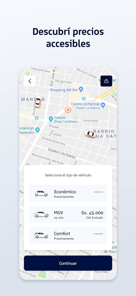 Interface do aplicativo MUV mostrando a seleção do tipo de veículo e o preço estimado da viagem em um mapa