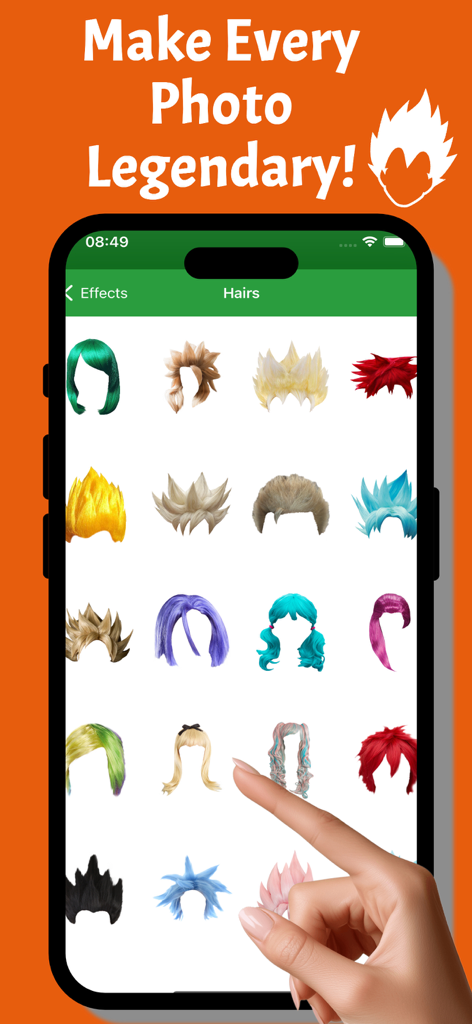 Dragon FX Anime Photo Editor - A user selecting from a variety of colorful anime hairstyles and wigs in the Dragon FX Anime Photo Editor app.
