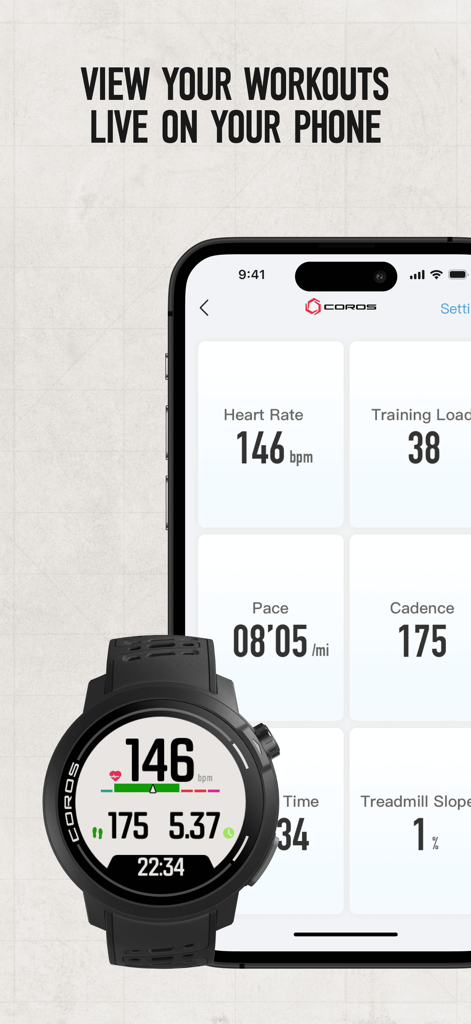 Smartphone et montre COROS affichant des métriques d'entraînement en temps réel telles que la fréquence cardiaque et la cadence