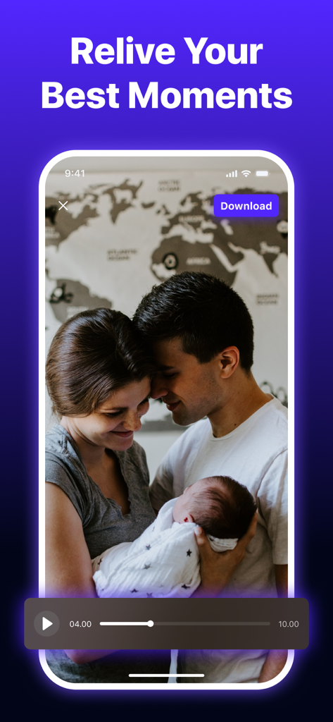 Storage Cleaner-Phone Cleaner - Pantalla de smartphone que muestra un video generado por IA de una familia con un recién nacido titulado Revive tus mejores momentos.
