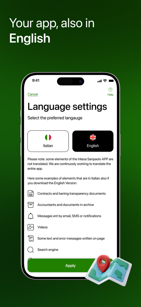 Language selection screen in the Intesa Sanpaolo Mobile app showing English and Italian options