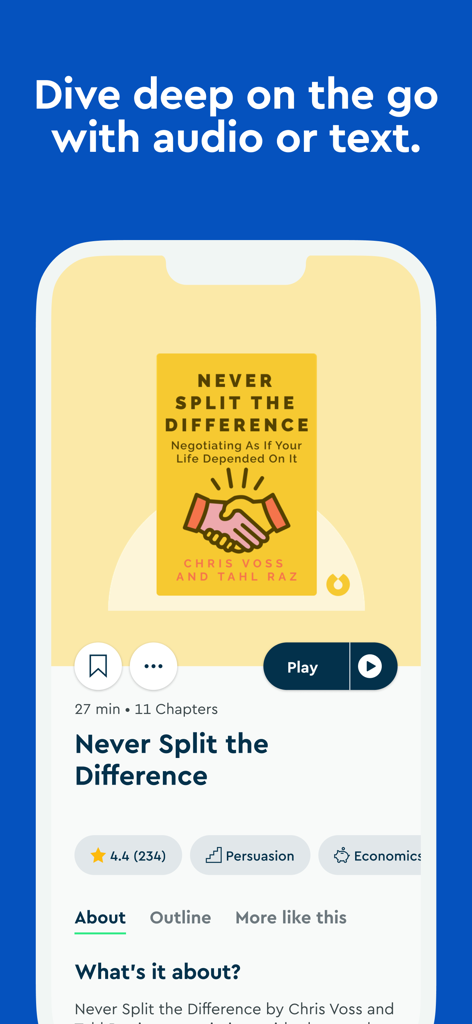 Interfaz de la aplicación móvil Blinkist que muestra un resumen del libro No te Partas la Mitad con opciones de aprendizaje de audio y texto.
