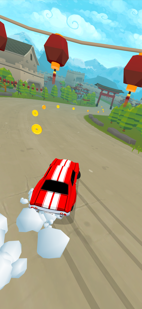 Thumb Drift - Furious Racing - Red racing car drifting on a low poly track with coins and lanterns