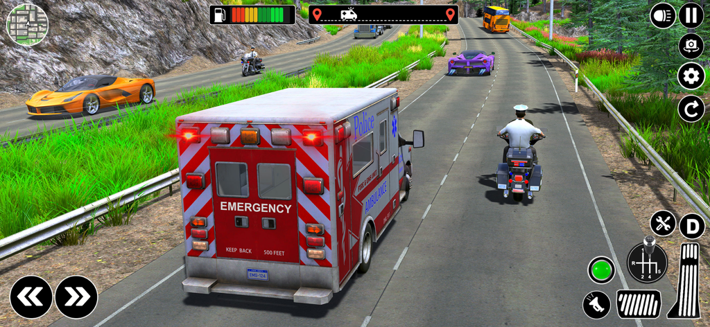 911 Ambulance-Rescue Simulator - Une ambulance roulant sur une autoroute avec un escorte de police et du trafic dans un jeu de simulation 3D.