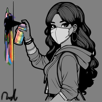 realistic girl with mask spray painting a wall