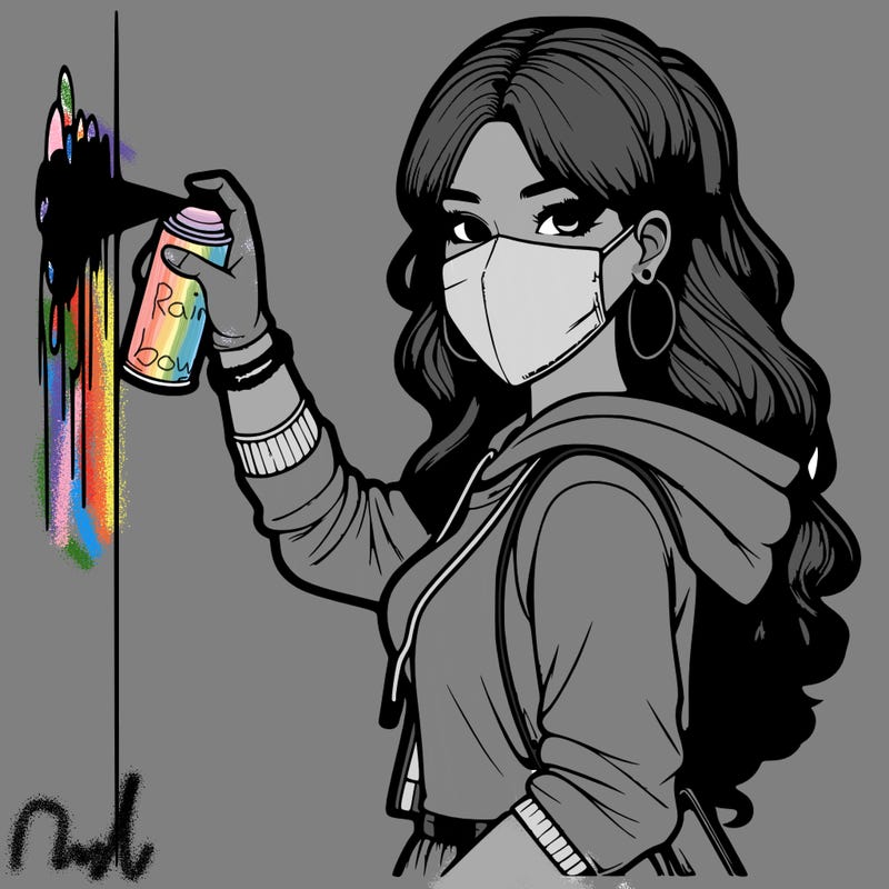 realistic girl with mask spray painting a wall