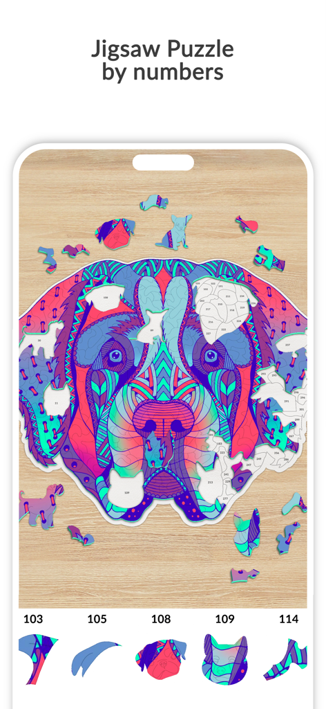 April: Jigsaw Puzzle by Number - A vibrant dog portrait jigsaw puzzle in progress with numbered wooden pieces on a wood background